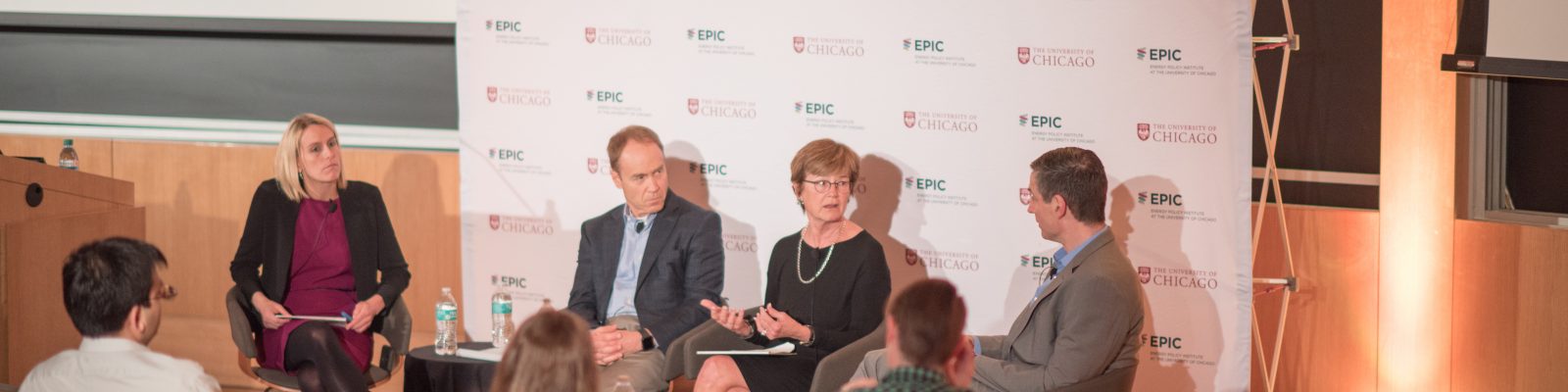Axios Energy Reporter Amy Harder, EPIC inaugural policy fellows Jeff Holmstead and Sue Tierney and EPIC Director Michael Greenstone, on a panel the Fracking Debate: The Pros, Cons, and Lessons Learned from the U.S. Energy Boom in Saieh Hall For Economics Tuesday April 17, 2018 in Chicago. (Photo by Rob Hart)